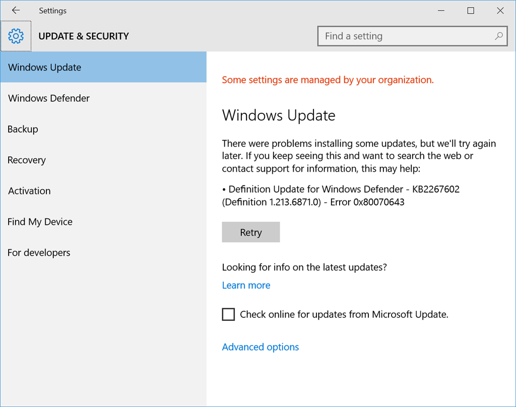 Ошибка 0x80070643 как исправить windows 10. Ошибка 0х80070643. Ошибка скачивания – 0x80070643. Windows update. Windows Defender Definition updates.